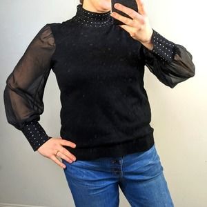 Cable & Gauge black mock neck sweater sheer sleeves studded cuff party Large